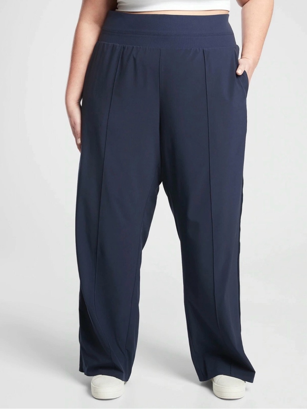 Athleta Navy Wide-Leg Pull-On Pant Nolita 20 EUC tonal grosgrain side stripe EUC